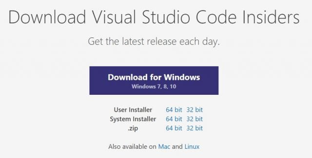 Visual Studio Code Insidersのダウンロードページ